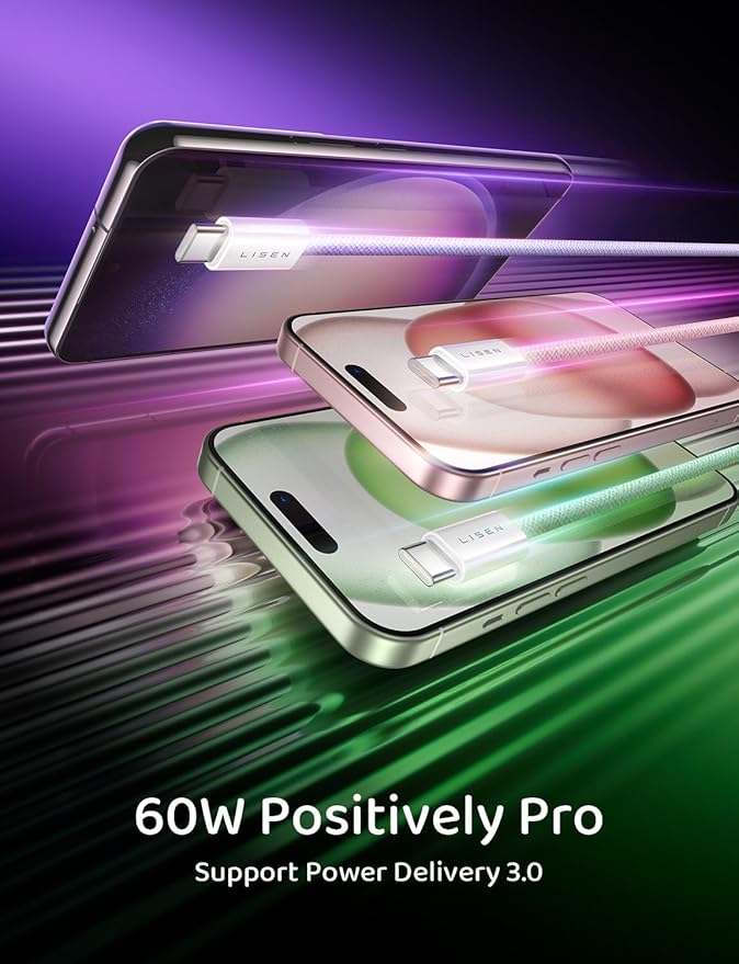 LISEN USB C Cable, 3-Pack [3.3/3.3/3.3FT] USBC to USBC Cable for iPhone 16e 15 Pro Max Charger Cord, 60W (3.1A) C to C Cable Fast Charging for Samsung S25/S24/23, Switch 2, iPad, MacBook