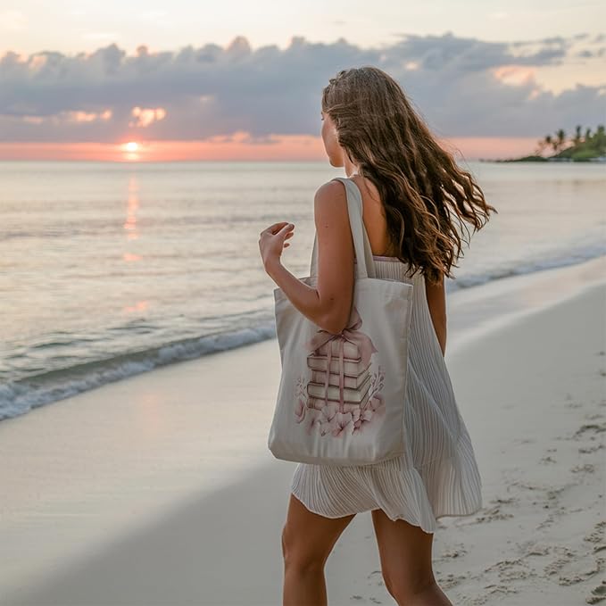 Aesthetic Canvas Tote Bag, Cute Reusable Bags for Women with Inner Pocket