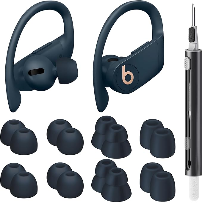 8 Pairs Ear Tips for Beats Powerbeats Pro/Beats Flex/Beats X with Cleaning Kit, Soft Silicone Fit in Case Replacement Tips for Beats Powerbeats Pro/Beats Flex/urBeats - Navy Blue
