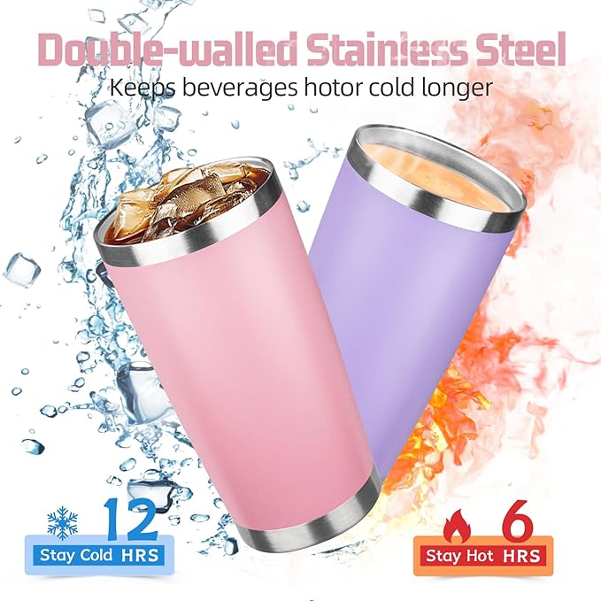20 oz Tumbler with Lids and Straws, Stainless Steel Insulated Travel Coffee Mug, Double Wall Vacuum Insulated Tumblers, Powder Coated Coffee Tumbler for Cold & Hot Drinks (Pink)