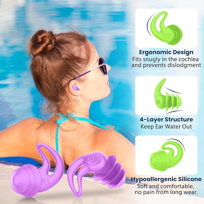 Waterproof Swimming Ear Plugs for Adults - 4 Pairs Reusable Silicone Ear Plugs for Swimming Women & Men, Keep Ear Water Out, Showering, Bathing, Surfing, Water Sports