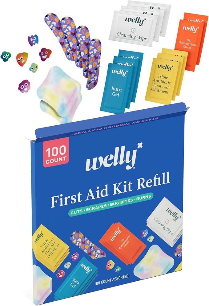 Welly First Aid Kit Refill Carton | Includes Individual Bandages, Cleansing Wipes, Antibiotic Packets, Burn Gel, Hydrocortisone Cream, and Bug Bite Relief Patches | 100 ct