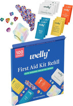 Welly First Aid Kit Refill Carton | Includes Individual Bandages, Cleansing Wipes, Antibiotic Packets, Burn Gel, Hydrocortisone Cream, and Bug Bite Relief Patches | 100 ct