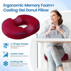 Donut Pillow Seat Cushion - Cooling Gel Donut Chair Cushions, Memory Foam Seat Cushion for Office & Home, Car Seat Cushion and Butt Pillow, Hemorrhoids Pillow and Tailbone Pain Relief, Red