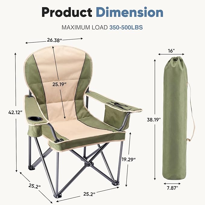 NEWBULIG Oversized Folding Camping Chair for Adults, Portable Outdoor Collapsible Chairs, 500 LBS Heavy Duty Support, with Cup Holders, Side Cooler & Pockets, for Lawn, Fishing, Hiking, Green
