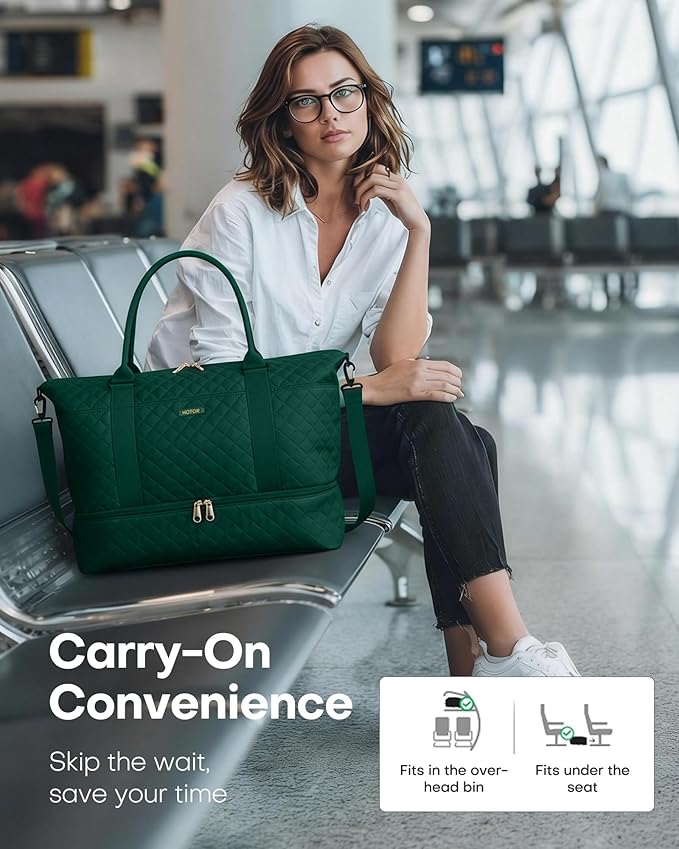 HOTOR Travel Duffel Bag - Weekender Bags for Women, Gym Tote Bags with Shoe Compartment, Carry On Overnight Bag with Toiletry Bag for Travel Essentials Travel Accessories, Dark Green, 15.8"×18.1"×8.7"