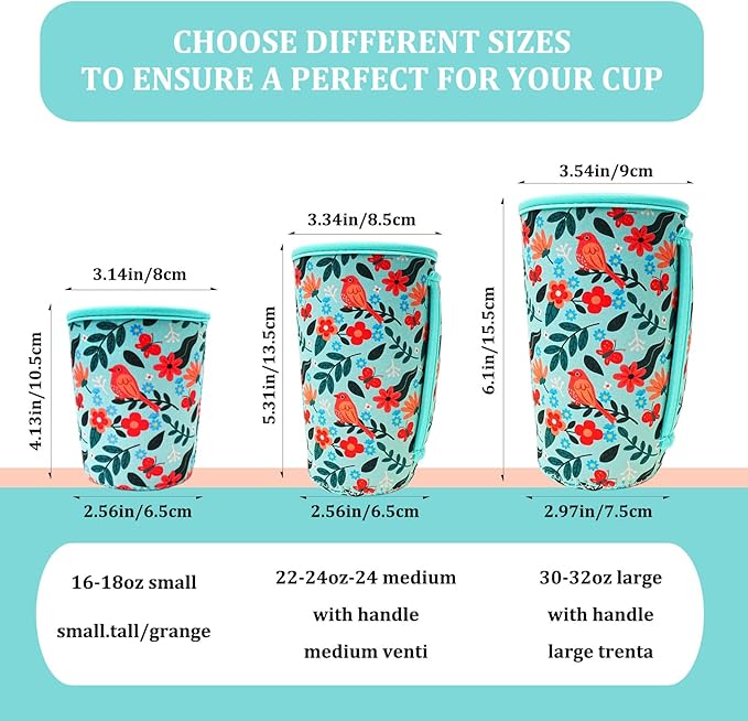 KJQJLY 3 Pack Reusable Iced Coffee Sleeves for Iced Coffee Cups or Drinks Reusable Neoprene Insulated Sleeves for Hot and Cold Drinks from Starbucks, Dunkin, And More (Bird)
