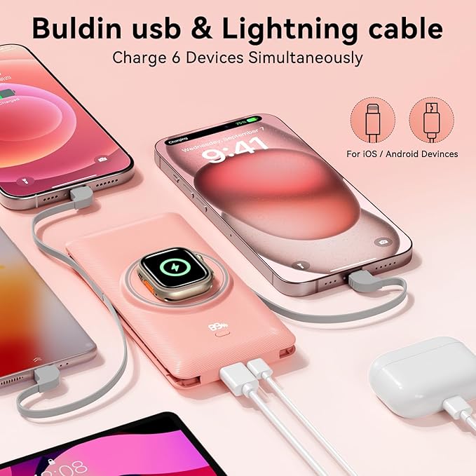 Magnetic 10000mAh Portable Charger for iWatch & iPhone, PD Fast Charging Wireless Power Bank Built-in Cables and Wall Plug, External Travel Battery Pack Compatible with iOS Android Phones