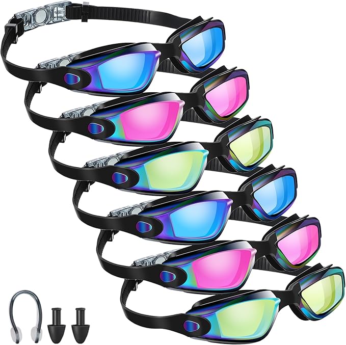 Flutesan 6 Pack Swim Goggles for Adult Anti Fog Swimming Glasses with Ear Plugs Nose Clip No Leaking Full Protection Goggles