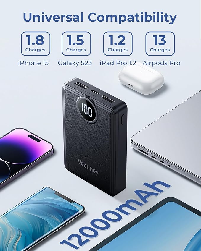 12000mAh Heated Vest Battery Pack, 5V 2A Power Bank for Heated Vest, Chair, Jacket, Blanket with LED Display, Rechargeable 5V Battery Pack for Loowoko, for KOVNLO, for WUEAOA, for TIDEWE(No 7.4V)