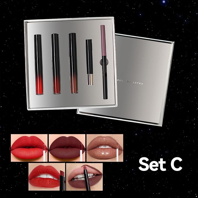 Hydrating Lip Makeup Collection for Women | 5-Piece Set with Lipstick Lip Liner | Long-Lasting Beauty Essential Set C One Size