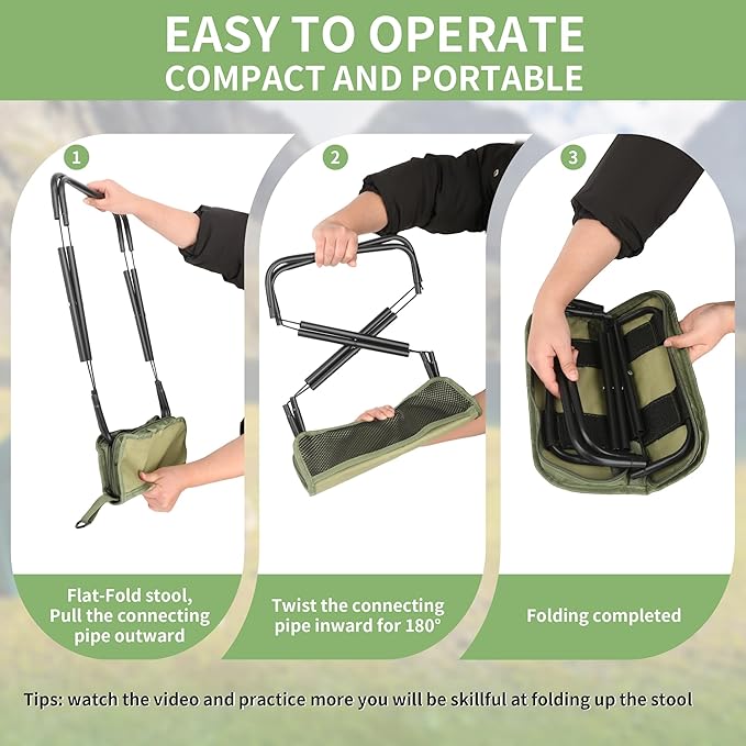 Folding Portable Camping Stool, Lightweight 1.4lbs with Carry Strap, Foldable Backpack Stool for Travel, Hiking, Picnic, Outdoor Events(Green)