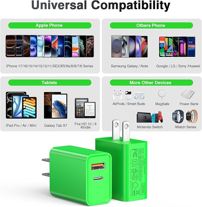 LCGENS 2-Pack USB C Wall Charger, 20W Type C Fast Charger Block Plug Dual Port PD + QC3.0 USB A Charging Brick Cube for iPhone 16/15/14, iPad,Galaxy S25/24, Google Pixel, Motorola,(Bright Green)
