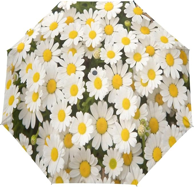 senya White Daisy Compact Travel Umbrella Sun and Rain Windproof Auto Open Close Folding Umbrella