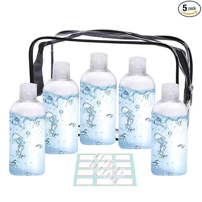 GIMS 5-Pack 3.4 oz TSA-Approved Travel Bottles with Flip Cap, Leak-Proof Containers and Clear Toiletry Bag