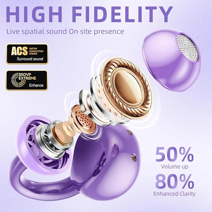 Jewelry-Inspired Clip On Earbuds,Comfortable Fit Open Ear Clip-On Headphones,Wireless Bluetooth Ear Cuff Headphones for Women,Earrings Earbuds for Running,Office,Sport&Gift (Butterfly - Purple)