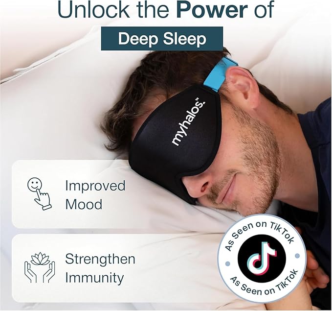 MyHalos® Sleep Mask – 3D Blackout Eye Mask for Women & Men, Side Sleepers, Zero Pressure Memory Foam Eyelash Friendly, Breathable,Award-Winning Sleep Aid for Travel (Black, 1 Count (Pack of 1)