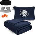 Travel Blanket and Pillow Compact – 4-in-1 Soft Fleece Airplane Blanket with Bag Pillowcase, Neck Pillow, Eye Mask & Earplugs, Lightweight Portable Flight Blanket 60"x43" (Navy)
