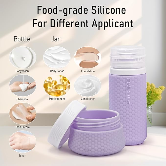 2 oz Travel Bottle Silicone Small Liquid Travel Containers 2 Pack Leak Proof TSA Approved Bottles On The Go Size Traveling Kit for Toiletries Shampoo Body Wash Skincare Lotion Women - Leather Purple