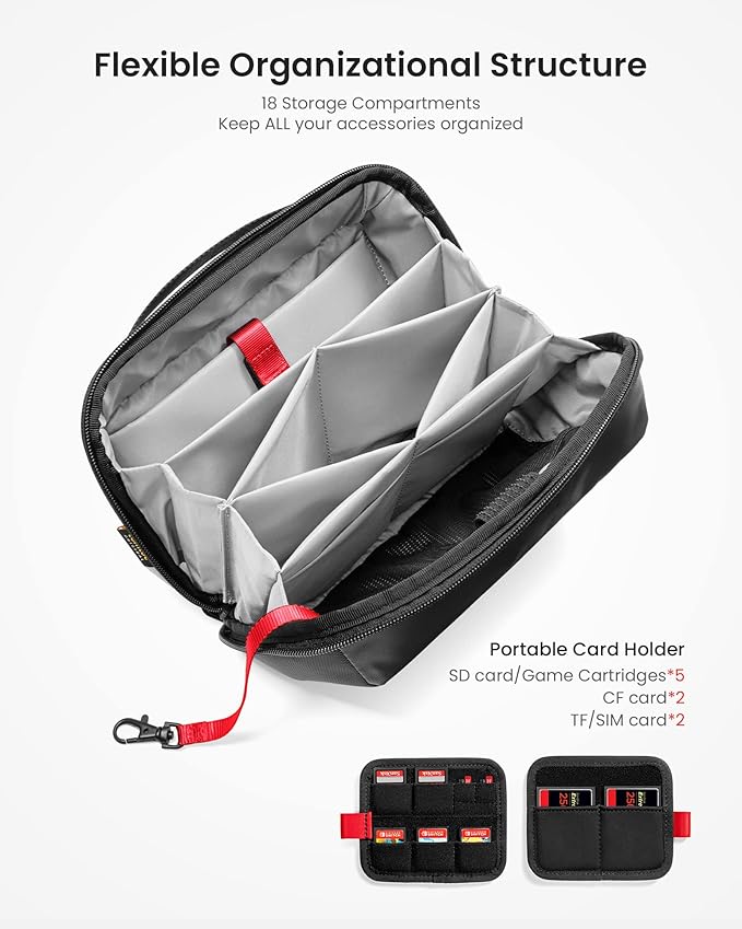 tomtoc Electronic Organizer Accessory Pouch for MacBook Charger, Cables, Power Bank, Hard Drive, Cords, Water-resistant Storage Bag with Removable Card Slots for USB Adapter, Memory Card, Black