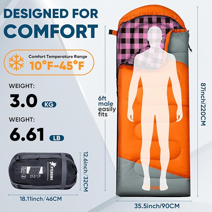 PTEROMY Sleeping Bags for Adults, Lightweight and Machine Washable, Water Resistant Backpacking Camping Sleeping Bag for Warm Cold Weather, Camping Essentials for Hiking Travel