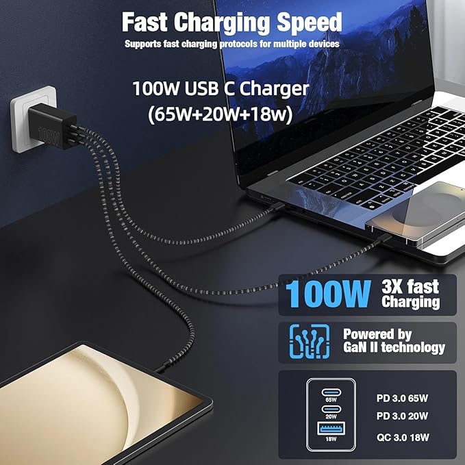 65W Super Fast Charging USB C for iPhone 17 16 Pro Max,3 Port 100W USB C Charger Block & 3/6/6/10FT Braided Type C Cord for iPhone 17 16 Pro,iPhone 15 Pro Max,for Samsung S26 Ultra/MacBook Air-Black