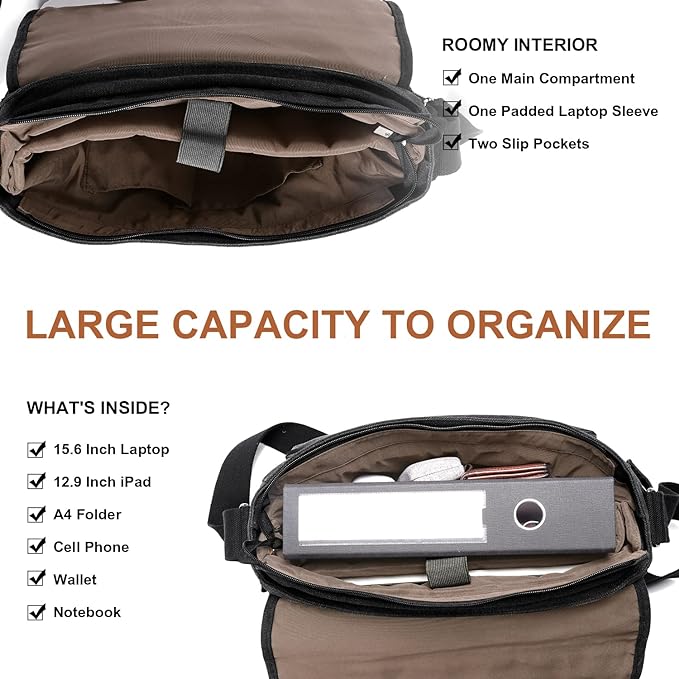ESTARER Men Messenger Bag 15.6 inch, Computer Work Bag Water-resistant Canvas, Laptop Shoulder Bag Briefcase Satchel, Dark Grey