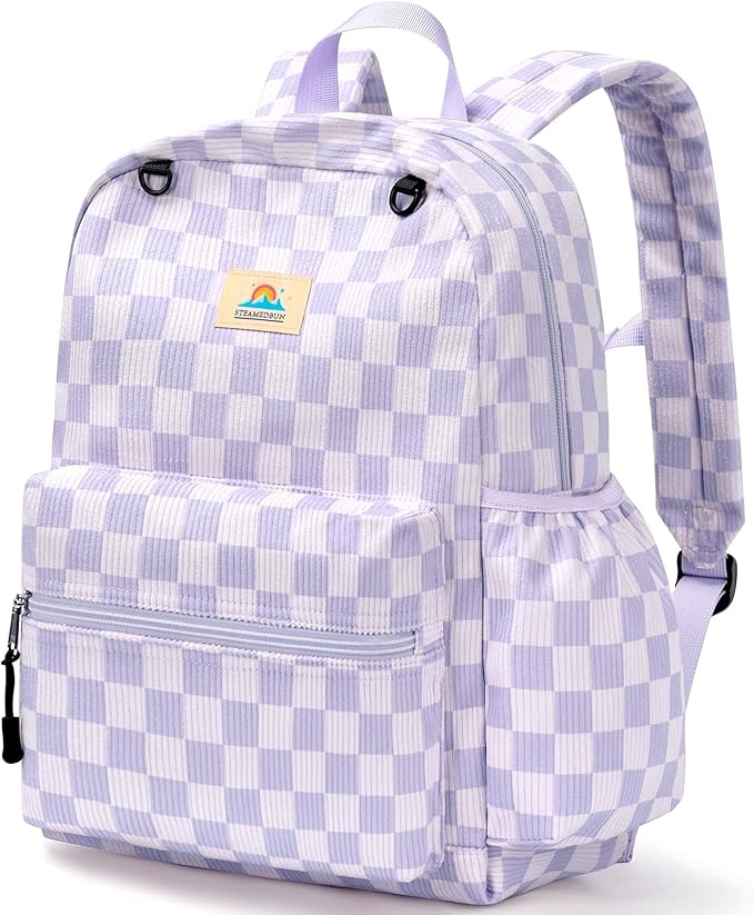 STEAMEDBUN Corduroy Kids Backpack for Girls and Boys 5-8: Girls Backpack for Elementary Kindergarten - 15 inch Cute Backpacks for Kids - Checkerboard