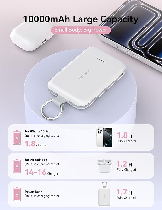 RORRY CharmGo Portable Charger, 10000mAh PD 30W Fast Charging Portable Charger Power Bank with Built-in Cables, Travel Keychain Charger Battery Pack for iPhone 17/16/15, for AirPods 2/3/4/Pro, Purple