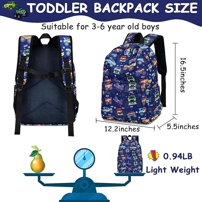 CAMTOP Preschool Backpack for Kids Boys Girls Toddler Backpack Kindergarten School Bookbags for Age 3-8 (Navy Big Wheels)