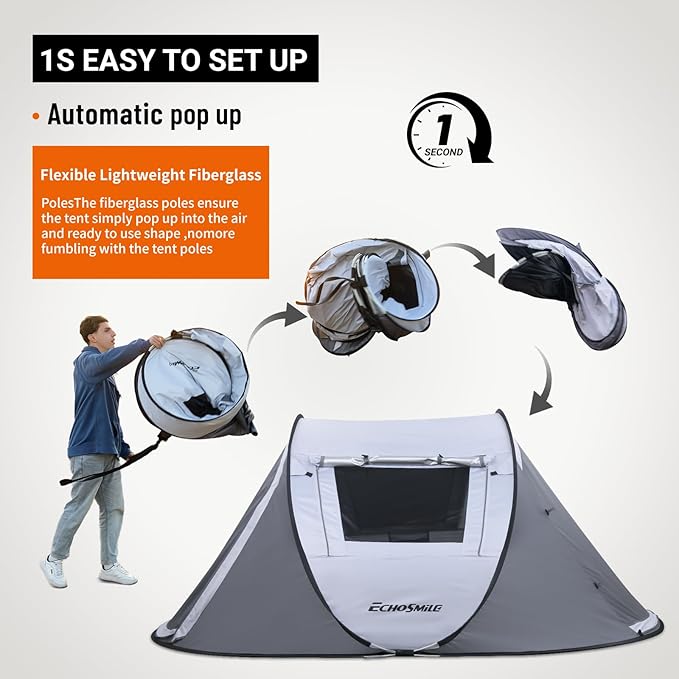 EchoSmile Pop Up Camping Tent, 2/4/6 Person Easy Setup Tent, Water Resistant Dome, Portable with Carry Bag