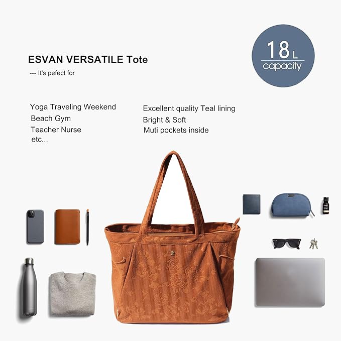 ESVAN Corduroy Yoga Tote Bag Gifts for Women Drawstring Yoga Mat Bag for Office Workout Travel Carryall Pilates Gym