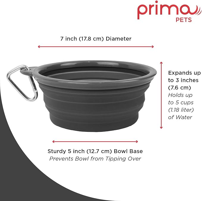 Sale: Prima Pet Collapsible Silicone Water Travel Bowl with Clip for Dog and Cat, Portable and Durable Pop-up Feeder for Convenient On-the-go Feeding Size: Large (5 Cups) Grey