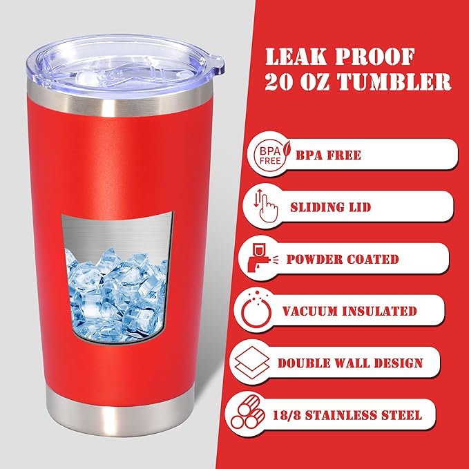 20 oz Tumbler with lid Double Wall Vacuum Insulated Tumblers Stainless Steel Coffee Mug Travel Coffee Tumbler Powder Coated Tumbler Cup Keep Hot&Cold - (Red 6 Pack)