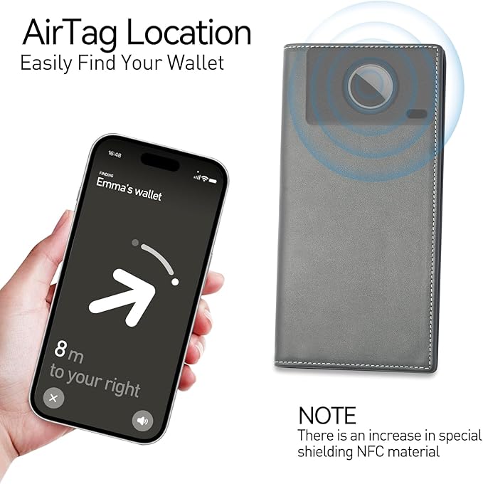 RFID Blocking Leather Passport Holder with AirTag Holder, Travel Wallet with Card Slots, Long Passport Cover for Men & Women (Gray)