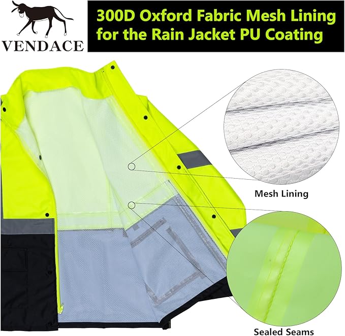 VENDACE Class 3 High Visibility Rain Suits,Rain Gear for Men Yellow/Lime Reflective Hi Vis Safety Rain Work Jacket,Pants