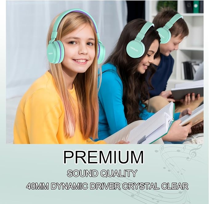 Kids Bluetooth Headphones,Lightweight Kids Headphones Wireless,85/94dB Safe Volume,40H Playtime,Fast Charging,Bluetooth 5.3,Over Ear,Toddler Headphone Built-in Mic for School/Tablet/Travel (Green)