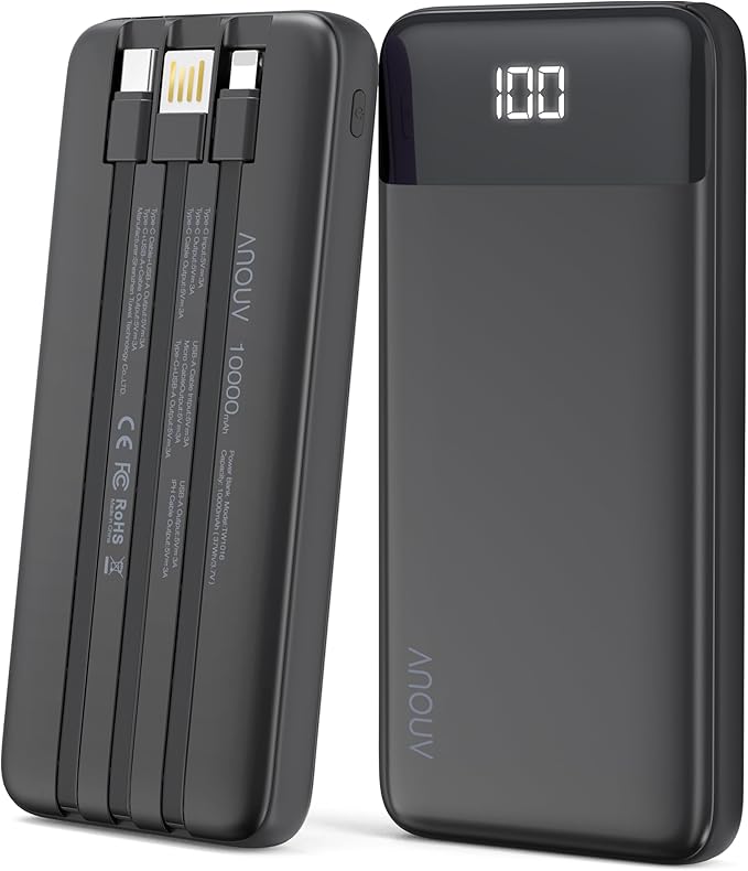 Portable Charger with Built-in Cables 10000mAh Power Bank with Cords, Slim Battery Pack with LED Display, Travel Essential Portable Charger for iPhone 17/16/15/14 Series, Android Samsung Google Pixel