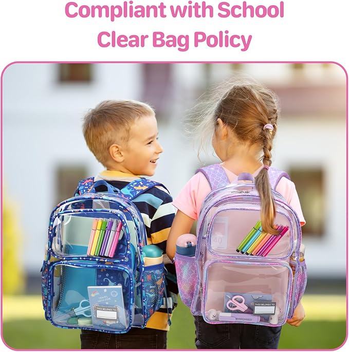 Bagseri 2pcs Clear Backpack for Girls - 15 Inch School Bag with Matching Pencil Case, Heavy Duty Transparent Bookbag for Kindergarten to Grade 2, Fits Folders, Purple Mermaid