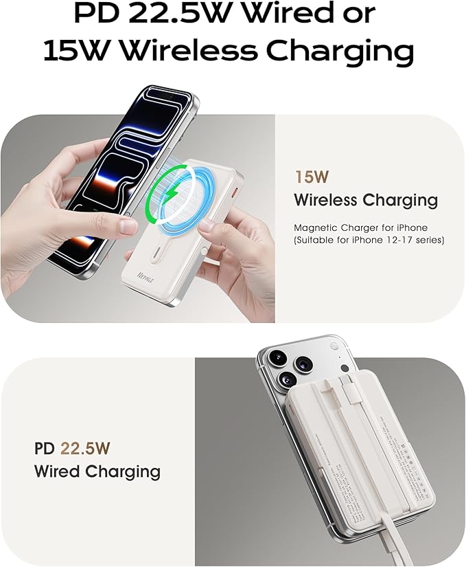 for Magsafe Portable Charger,10000mAh Magnetic Power Bank with Foldable Stand,PD22.5W Fast Charging with USB-C Cable,Wireless Portable Charger for iPhone 17/16/15/14/13/12 Series, Creamy White