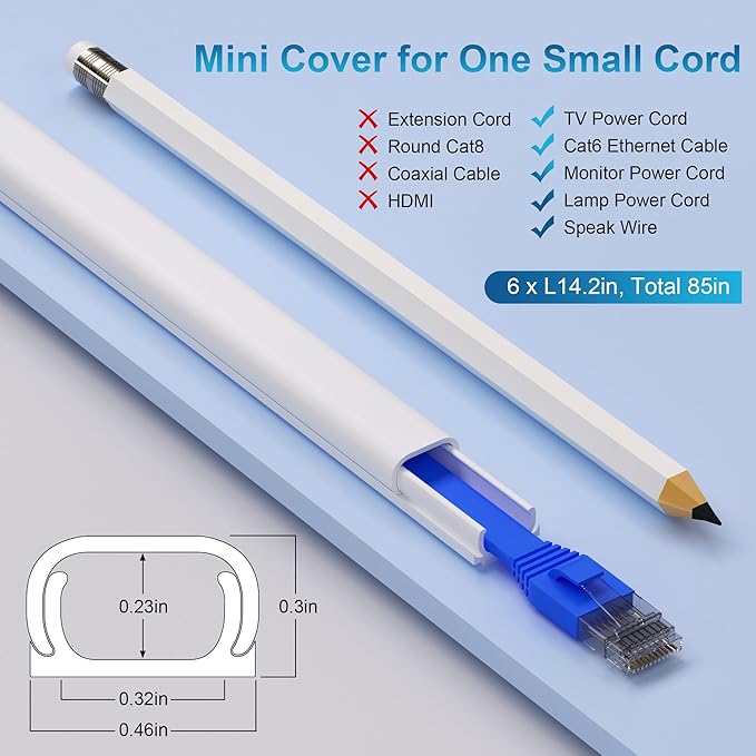 ZhiYo 85in Cord Covers for Wires on Wall, 1 Mini Cord Hider Wall, Self-Adhesive Wire Covers for Cords, Paintable TV Cable Hider Cable Management Kit, 6X L14.2in, W0.46in H0.3in, CMR05 White
