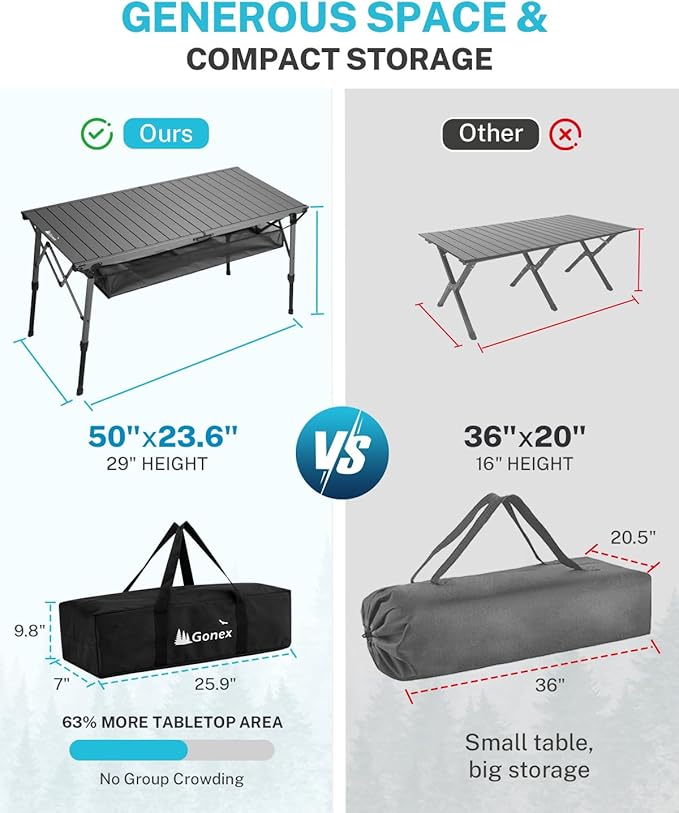 Gonex 50" Camping Table with Adjustable Height Legs for Uneven Ground, Portable Folding Aluminum Roll Up Table with Mesh Pocket for Camping, Picnic, BBQ, Cooking