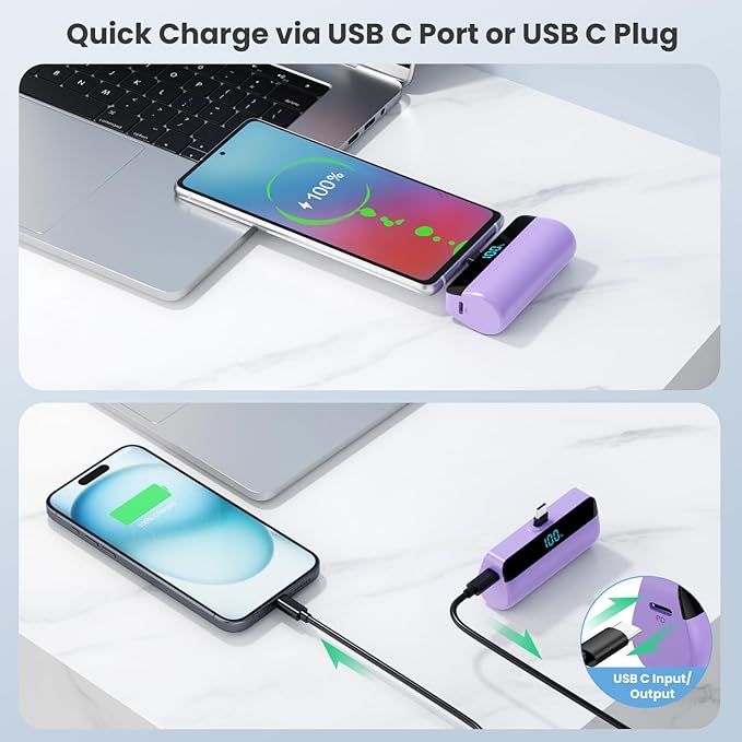 [2-Pack]Mini Portable Charger for iPhone 17/16/15,Upgraded 5500mAh PD Fast Charging USB C Power Bank,Travel Essentials Battery Pack for iPhone 17/17 Pro Max/Air/16/15 Series Galaxy Android-Pink+Purple