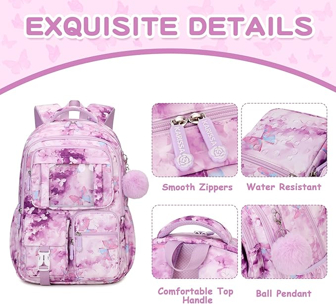 PIG PIG GIRL Kids Backpack for Girls School Bags for Middle School Students Book Bag for Elementary Primary Kawaii Ita Backpack, Purple Butterfly