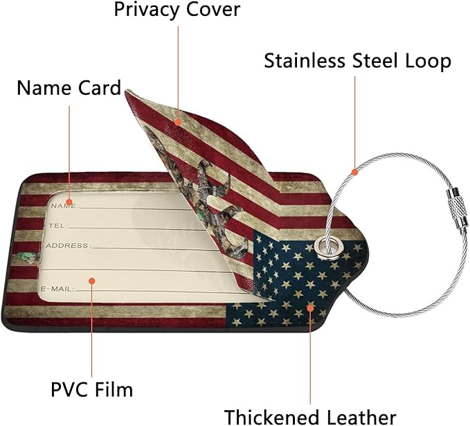 GACCAP 2 Pack Luggage Tags for Suitcase, Privacy Cover ID Label with Stainless Steel and Address Card for Travel Bag Backpack Cruise Ship Essentials Tag Women Men - Camo Deer American Flag