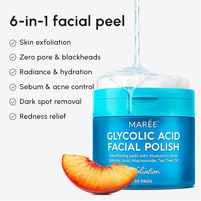MAREE Glycolic Acid Pads – Toner Pads for Face Cleansing – Exfoliating Pad with Tea Tree Oil, Salicylic Acid & Vitamins E, B3, B5 – Acne Clearing, Skin Pore Resurfacing & Radiance Device - 80 Count