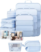 Veken 11 Set Compression Packing Cubes for Travel Essentials,Compressible Expandable Large Luggage Suitcase Organizer Bags for Clothing,Durable Space Saver Storage Bags with Toiletry Bags(Light Blue)