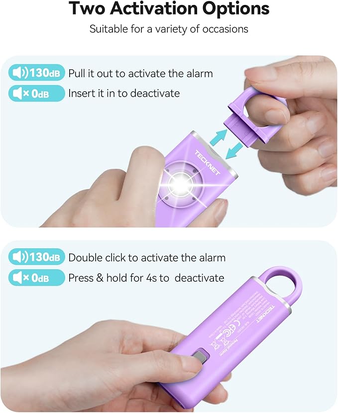 TECKNET Rechargeable Personal Safety Alarm for Women, 130dB Self Defense Keychain Alarm with SOS Strobe Light, Low Battery Notice, Loud Siren Safety Keychain for Girls Kids Elderly - Purple