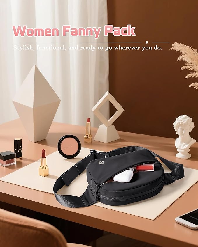 Smasrob Fanny Pack for Women, Crossbody Sling Bag Waist Bag with Multiple Pockets and Adjustable Strap, Black