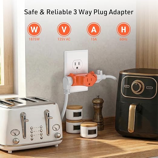 3-Pack 3 Way Plug Adapter, ETL Listed 3 Outlet Grounded Wall Outlet Splitter, 3 Prong Multi Outlet Adapter, 15A 125V 1875W, Power Splitter for Home, Office or Travel, Orange.